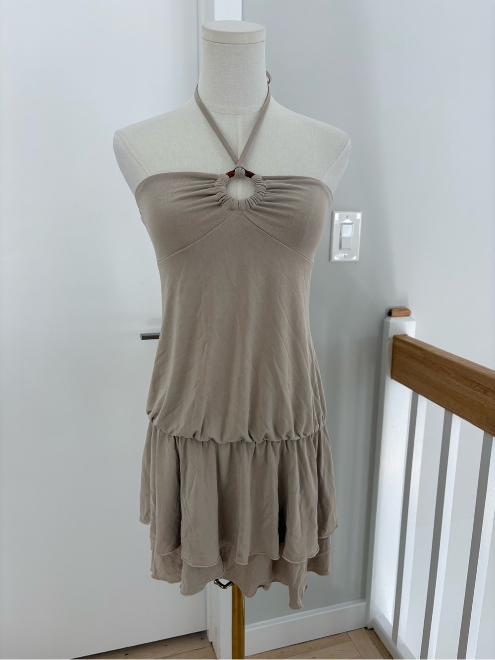 Motel Rocks Taupe Halter Ring Tiered Sundress